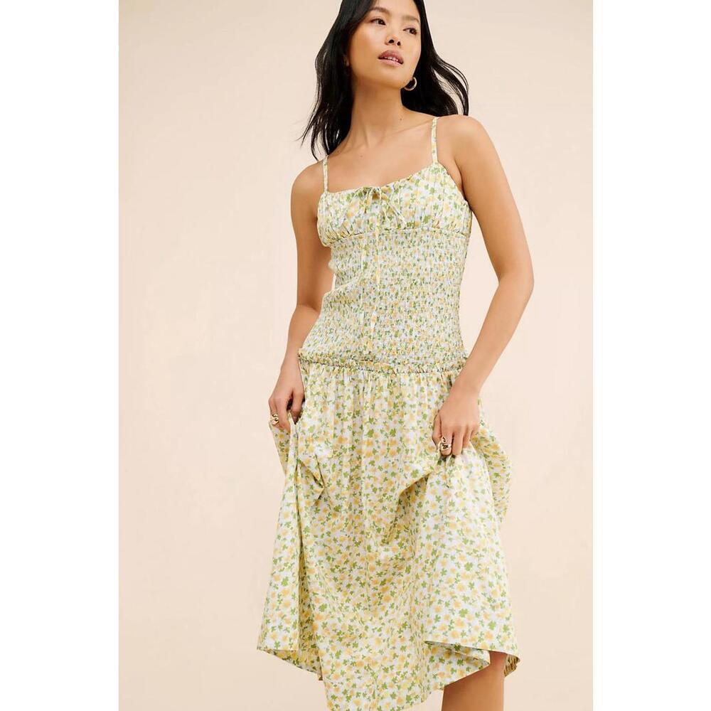 Free People Lavender Daze Green Dress Size M Cottage Core Drop Waist Smocked